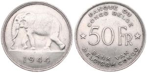 Belgian Congo, Colony, Leopold III, 50 Francs Silver 1944, African Elephant left, KM 27, XF