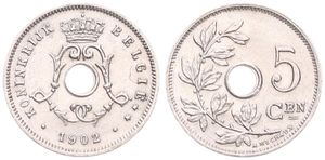 Belgium, Kingdom, Leopold II, 5 Centimes Copper-Nickel 1902FL, Center hole within crowned monogram, Morin 270, A.UNC