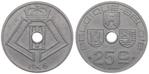 Belgium, Kingdom, Prince Charles, 25 Centimes Zinc 1946FR/FL, Center hole within crowned monogram, Morin 536, UNC