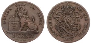 Belgium, Kingdom, Leopold I, 1 Centime Copper 1846, Seated lion with tablet, Morin 119, A.XF