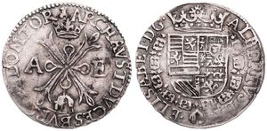 Spanish Netherlands, Albrecht & Isabella, 1 Reaal Silver ND (1598-1621), Crowned arms / Cross with crown and golden fleece and initials A & E, VH 595.TO - Tournai, SCARCE, VF
