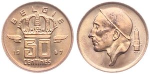 Belgium, Kingdom, Baudouin I, 50 Centimes Bronze 1967FL, Helmeted mine worker left, Morin 677, UNC !