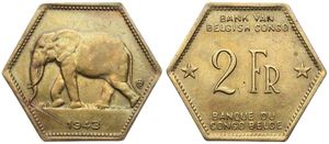 Belgian Congo, Colony, Leopold III, 2 Francs Brass 1943, African Elephant left, KM 25, A.XF