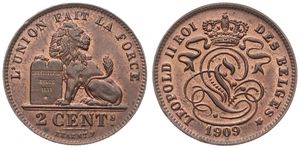 Belgium, Kingdom, Leopold II, 2 Centimes Copper 1909FR, Seated lion with tablet, Morin 217, UNC