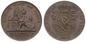 Belgium, Kingdom, Leopold I, 2 Centimes Copper 1863, Seated lion with tablet, Morin 111, XF/AU