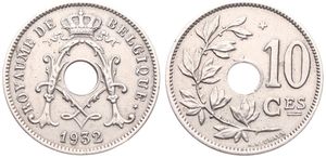 Belgium, Kingdom, Albert I, 10 Centimes Nickel-Brass 1932FR, Center hole within crowned monogram, Morin 428a, VERY RARE DATE, XF