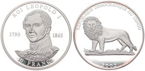 Congo Democratic Republic, Republic, 10 Francs Silver 2002, Bust of King Leopold I left, KM NL, PROOF