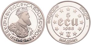 Belgium, Kingdom, Baudouin I, 5 Ecu Silver 1988, 30th Anniversary Treaty of Rome - Bust of Charles V right, Morin M/EC6, PROOF