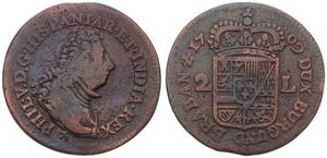 Spanish Netherlands, Philip V, Dubbel Oord Copper 1709, Buste right / Crowned arms divides value, VH 745.NA - Namur, Fine
