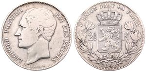 Belgium, Kingdom, Leopold I, 2-1/2 Francs Silver 1849, Large bare head left, Morin 49, A.VF