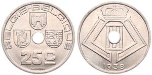 Belgium, Kingdom, Leopold III, 25 Centimes Nickel-Brass 1938FL/FR, Center hole within crowned monogram, Morin 462, UNC