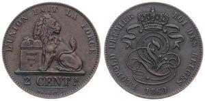 Belgium, Kingdom, Leopold I, 2 Centimes Copper 1863, Seated lion with tablet, Morin 111, XF