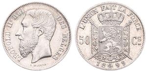Belgium, Kingdom, Leopold II, 50 Centimes Silver 1899FR, Bearded head left, Morin 188, A.UNC