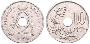 Belgium, Kingdom, Albert I, 10 Centimes Copper-Nickel 1920FL, Center hole within crowned monogram, Morin 338, UNC