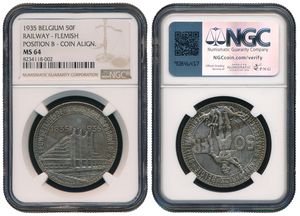 Belgium, Kingdom, Leopold III, 50 Francs Silver 1935FL (Position B), 100th Anniversary of Belgian Railways & World Exhibition in Brussels, Morin 443b, NGC Graded MS 64