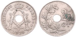 Belgium, Kingdom, Albert I, 25 Centimes Copper-Nickel 1929FL, Center hole within crowned monogram, Morin 336, SCARCE VARIETY WITH DOUBLE 9 IN DATE !, VF