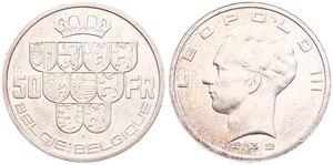 Belgium, Kingdom, Leopold III, 50 Francs Silver 1939FL/FR (Position B), Crown above nine shields, Morin 445d, VARIETY WITHOUT CROSS ON CROWN, XF/AU