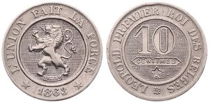 Belgium, Kingdom, Leopold I, 10 Centimes Copper-Nickel 1863, Rampant lion within circle left, Morin 135, A.UNC