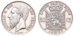 Belgium, Kingdom, Leopold II, 50 Centimes Silver 1886/66FR, Bearded head left, Morin 184a, XF