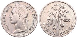 Belgian Congo, Colony, Albert I, 50 Centimes Copper-Nickel 1924, Laureate head of the King left, KM 22 French Legend, RARE KEY DATE, VF