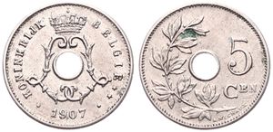 Belgium, Kingdom, Leopold II, 5 Centimes Copper-Nickel 1907FL, Center hole within crowned monogram, Morin 280, SCARCER DATE, XF/AU