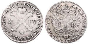 Austrian Netherlands, Franz II, 14 Liards Silver 1794(b), Burgundian cross divides value / Crowned imperial double eagle, KM 59 Brussels, VF
