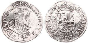 Spanish Netherlands, Philip II, 1/5 Filipsdaalder Silver 1566, Bust right with countermark / Crowned arms on cross, VH 271.AN - Antwerp, A.VF
