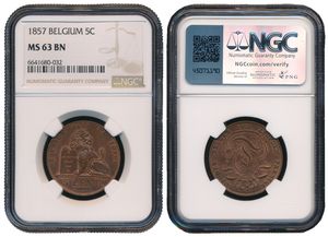 Belgium, Kingdom, Leopold I, 5 Centimes Copper 1857, Seated lion with tablet, Morin 83, NGC Graded MS 63 BN