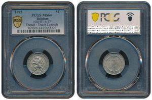 Belgium, Kingdom, Leopold II, 5 Centimes Copper-Nickel 1895FR/FL, Rampant lion within circle left, Morin 246a, RARE HYBRID VARIETY : FRENCH / DUTCH LEGENDS, PCGS Graded MS 64