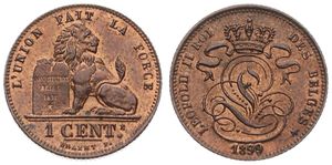 Belgium, Kingdom, Leopold II, 1 Centime Copper 1899FR, Seated lion with tablet, Morin 228, UNC