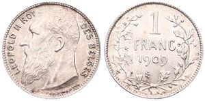 Belgium, Kingdom, Leopold II, 1 Franc Silver 1909FR, Bearded head left, Morin 200, A.UNC