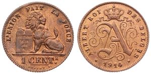 Belgium, Kingdom, Albert I, 1 Centime Copper 1914FR, Seated lion with tablet, Morin 319, VARIETY WITH DOUBLE 4 IN DATE, UNC