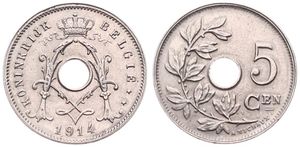 Belgium, Kingdom, Albert I, 5 Centimes Copper-Nickel 1914FL, Center hole within crowned monogram, Morin 357, UNC