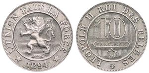 Belgium, Kingdom, Leopold II, 10 Centimes Copper-Nickel 1894FR, Rampant lion within circle left, Morin 236, A.UNC