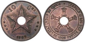 Congo Free State, Royal Domain, Leopold II, 10 Centimes Copper 1889, Center hole flanked by crowned monograms within beaded circle, KM 4, XF