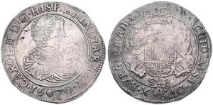 Spanish Netherlands, Charles II, 1 Ducaton Silver 1670, Bust right within circle / Crowned arms with lion supporters, VH 692.BS - Brussels, F/VF
