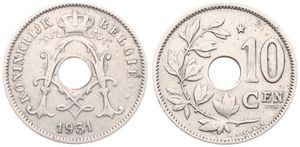 Belgium, Kingdom, Albert I, 10 Centimes Nickel-Brass 1931FL, Center hole within crowned monogram, Morin 427b, SCARCER DATE, A.VF