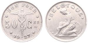 Belgium, Kingdom, Albert I, 50 Centimes Nickel 1927FR, Kneeling woman left, Morin 413, VARIETY : DOUBLE 7 IN DATE, VF