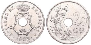 Belgium, Kingdom, Leopold II, 25 Centimes Copper-Nickel 1908FR, Center hole within crowned monogram, Morin 254, UNC