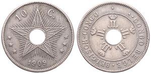 Belgian Congo, Colony, Leopold II, 10 Centimes Copper-Nickel 1909, Center hole flanked by crowned monograms within beaded circle, KM 13, Medal Alignment, XF