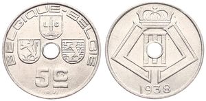 Belgium, Kingdom, Leopold III, 5 Centimes Nickel-Brass 1938FR/FL, Center hole within crowned monogram, Morin 467, UNC
