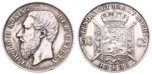Belgium, Kingdom, Leopold II, 50 Centimes Silver 1886FL, Bearded head left, Morin 185, A.XF