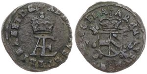 Spanish Netherlands, Albrecht & Isabella, 1 Dubbele Penning Copper 1616, Crowned monograms AE / Crowned arms on cross, VH 599.BG - Bruges, VF