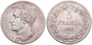 Belgium, Kingdom, Leopold I, 5 Francs Silver 1835, Laureate head left, Morin 10b (Position B), SCARCER DATE, A.VF