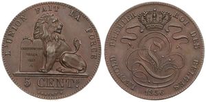 Belgium, Kingdom, Leopold I, 5 Centimes Copper 1856, Seated lion with tablet, Morin 82, UNC