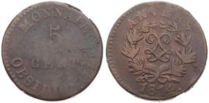 Belgium, Kingdom, Antwerpen (Siege of Antwerp), Louis XVIII, 5 Centimes Bronze 1814, Emergency issue - Wide LL Monogram within wreath, KM 4.1, Fine