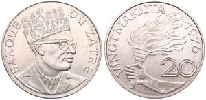 Zaire, Republic, 20 Makuta Copper-Nickel 1976, Bust of Mobutu right, KM 8, UNC-