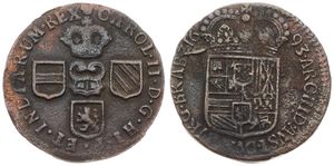 Spanish Netherlands, Charles II, 1 Oord Copper 1693, Crowned title and three shields / Crowned arms, VH 723.BS - Brussels, VF