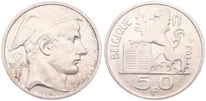 Belgium, Kingdom, Baudouin I, 50 Francs Silver 1954FR, Helmeted head of Mercurius right, Morin 540, SCARCER DATE !, XF/AU