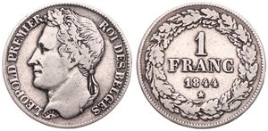 Belgium, Kingdom, Leopold I, 1 Franc Silver 1844, Laureate head left, Morin 27, VF